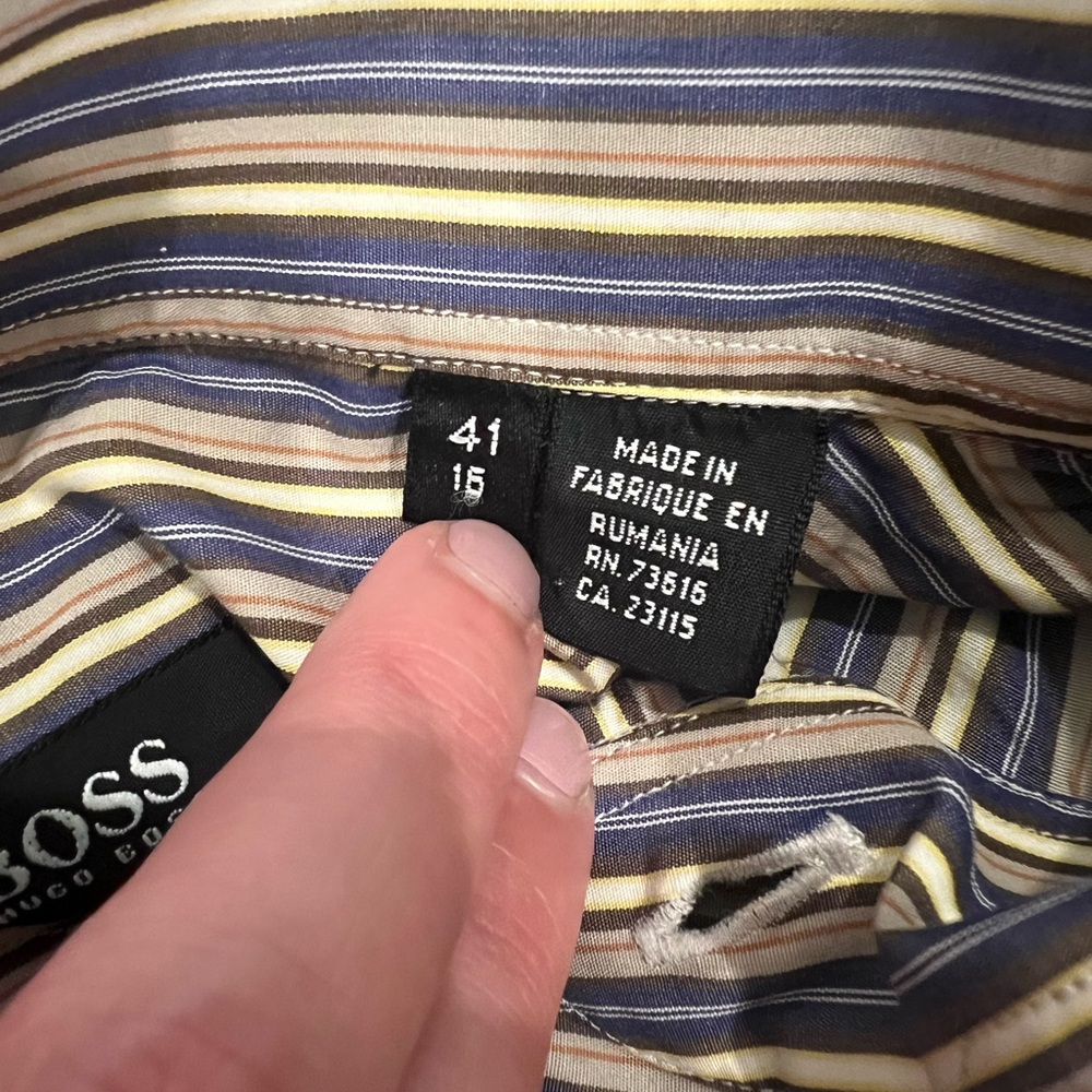 BOSS Hugo Boss Men's‎ Long Sleeve Button-Down Shirt 41 / 16 Striped Blue Brown - Picture 3 of 6